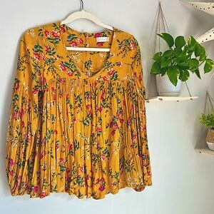 🩷ALTARD STATE FLORAL YELLOW LONG SLEEVE BLOUSE V NECK FLOWY BUTTON SIZE MEDIUM